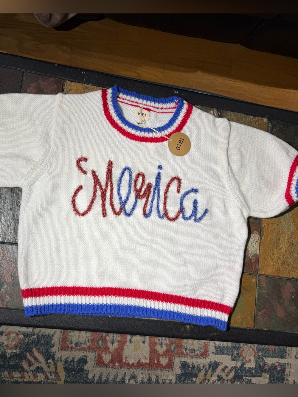 BIBI Women's White "America" Knit Sweater Short Sleeve Red Blue Trim Size XL - Picture 6 of 10